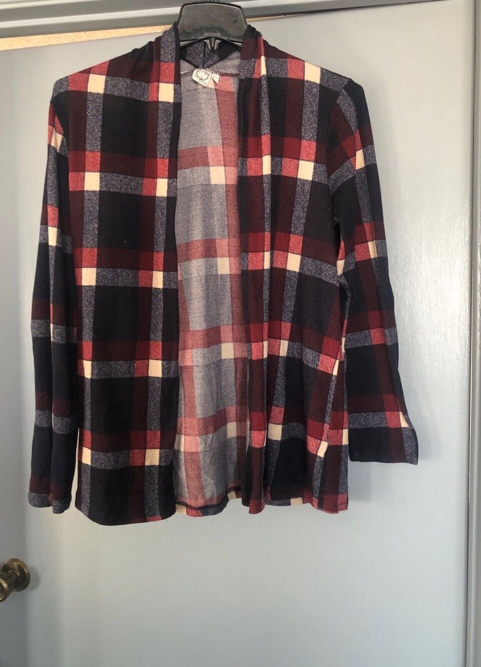 Sun & Moon Open Plaid Cardigan Top Navy  Burgundy L Super Soft Elbow Patches